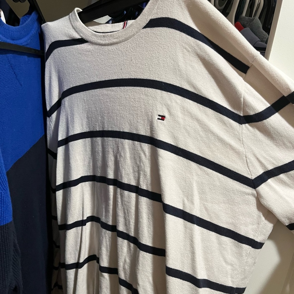 2 Tommy Hilfiger Long Sleeve White and Black and blue sweater.